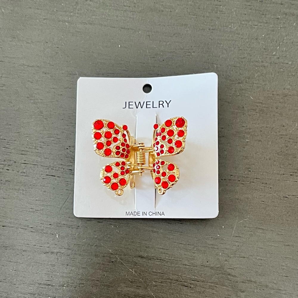 Butterfly Allover Cherry Red Rhinestone 1.5” Gold Metal Lobster Claw Hair Clip